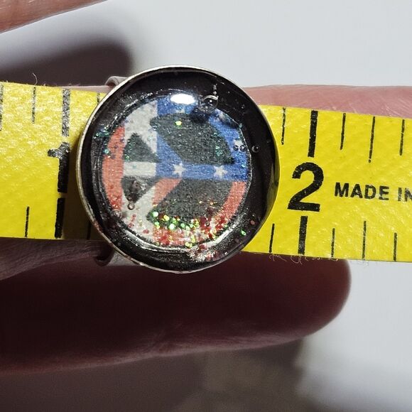 Hand Made Silver Tone Adjustable Red White And Blue Peace Sign Ring - Picture 8 of 13